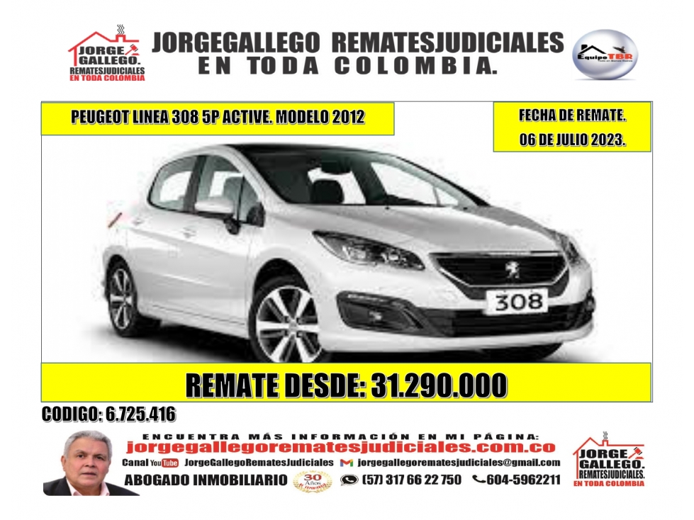 Remate.Peugeot Linea 308 5P Active. Modelo 2012