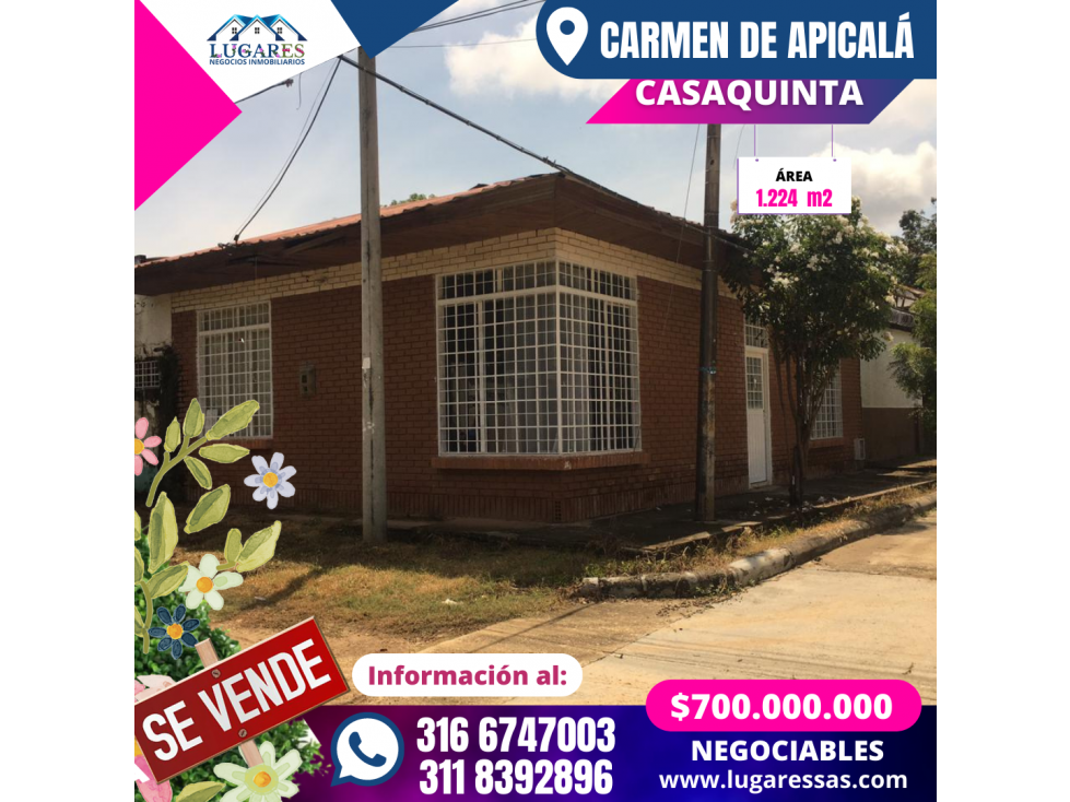 CASAQUINTA EN VENTA DE 1.224 m2 EN CARMEN DE APICALÁ TOLIMA (URBANA)